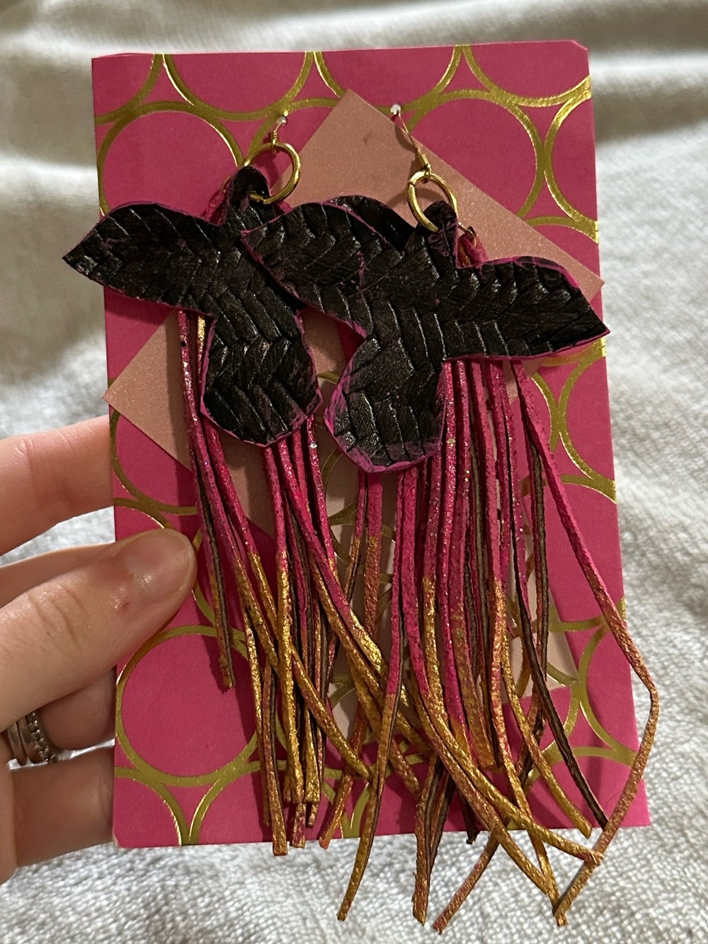 Black Faux Leather Bird And Pink Fringe Earrings